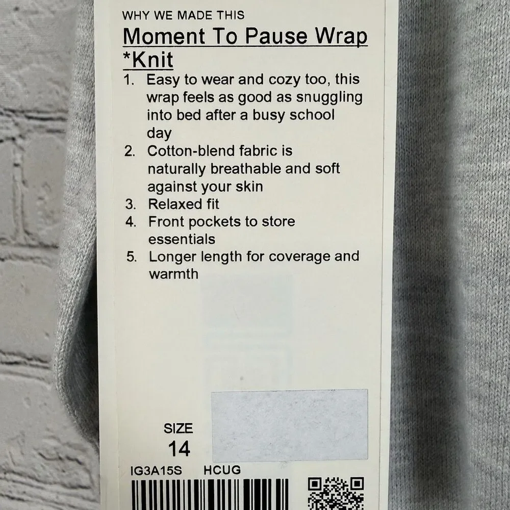 Ivivva Lululemon Moment To Pause Wrap Knit Cardigan Sweater Gray Girls 14 NWT